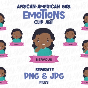 ClipArt di emozioni ragazza afroamericana, espressioni per bambini, aiuto per insegnanti, sentimenti di ragazza carina pelle scura, illustrazione di stile kawaii trasparente