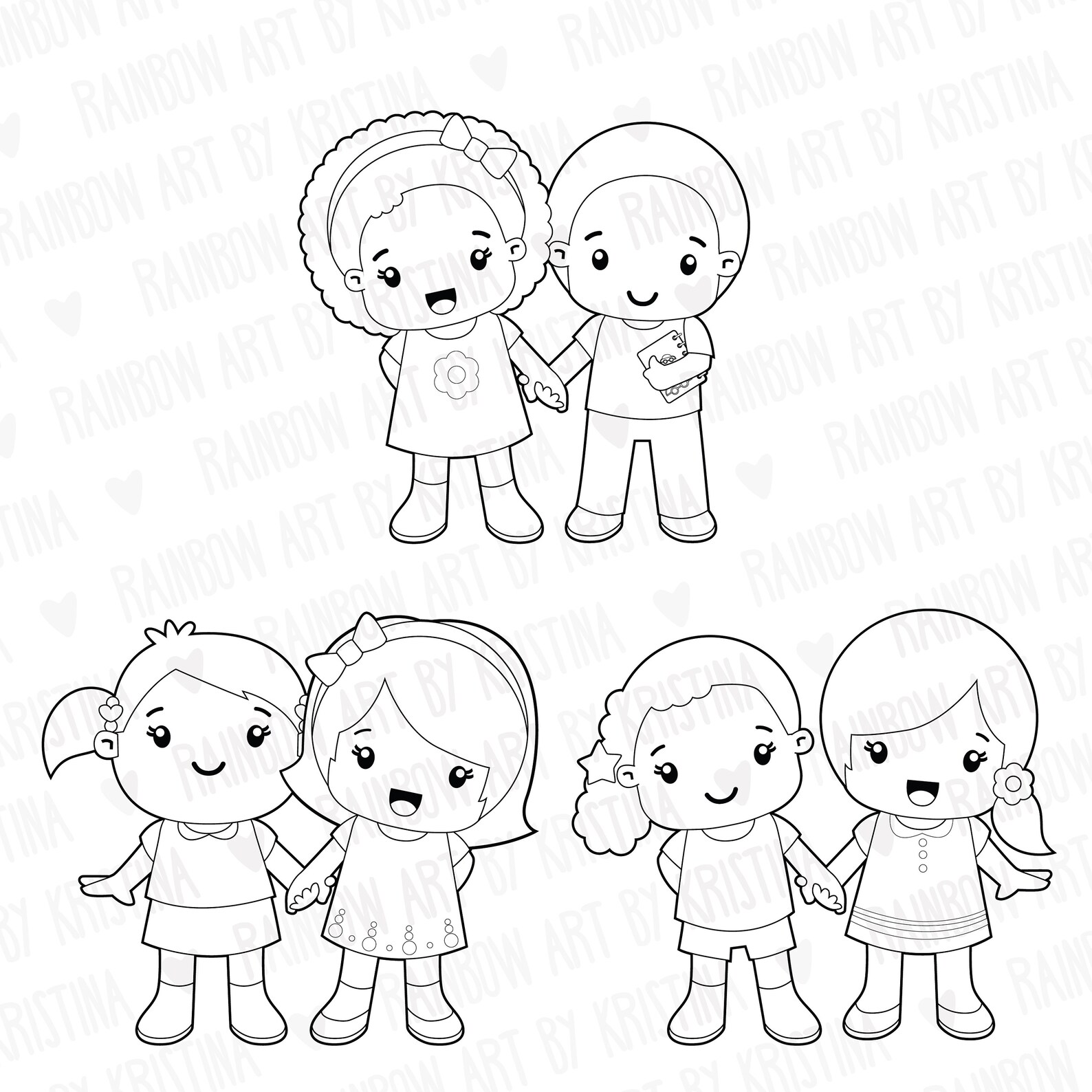 Digital Stamp Children Holding Hands Black and White Clip Etsy UK