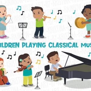 クラシック音楽を演奏する多民族の子供たちのクリップアート、学校のバンド、楽器、音符スタンド、教師、透明なかわいい子供たち