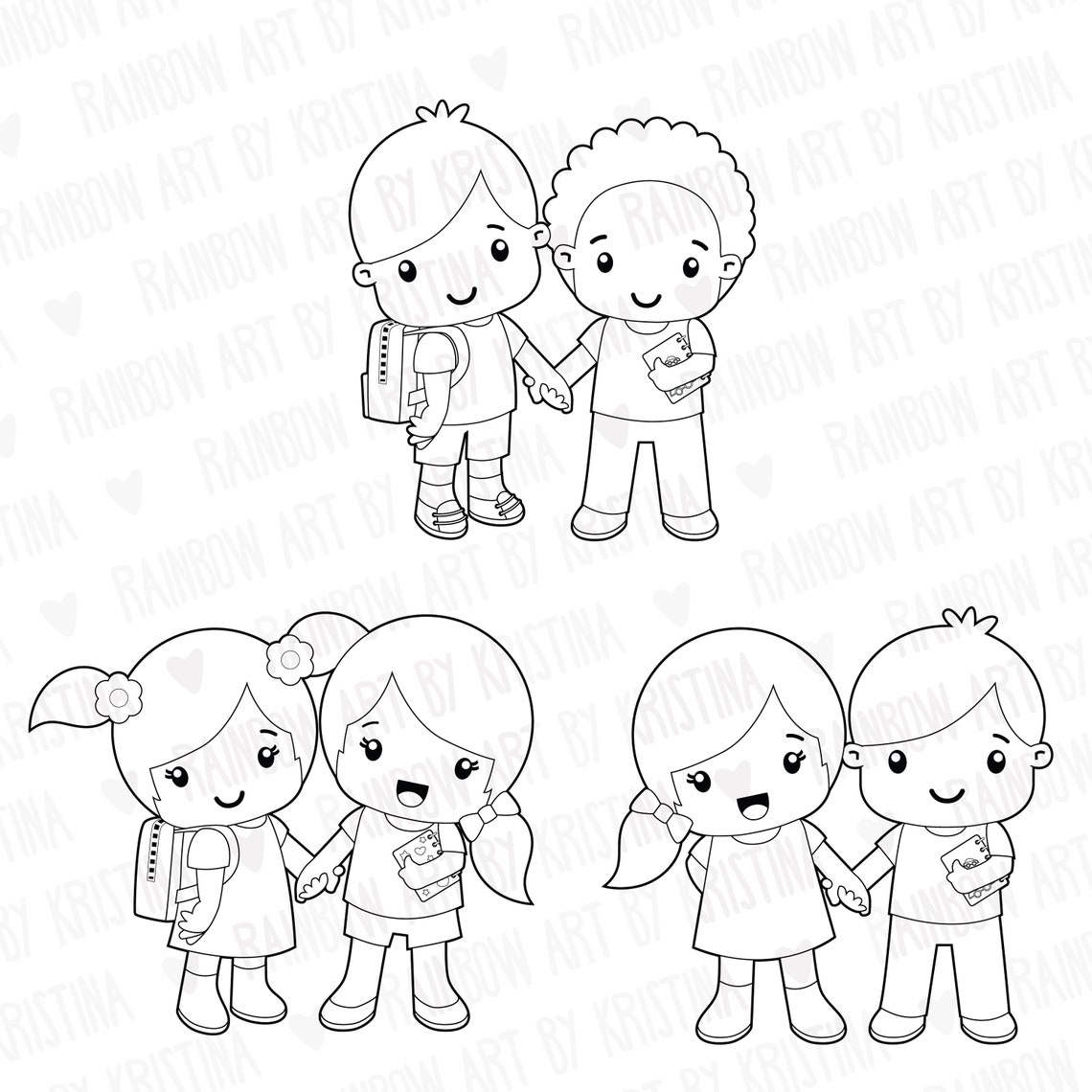 Digital Stamp Children Holding Hands Black and White Clip Etsy UK