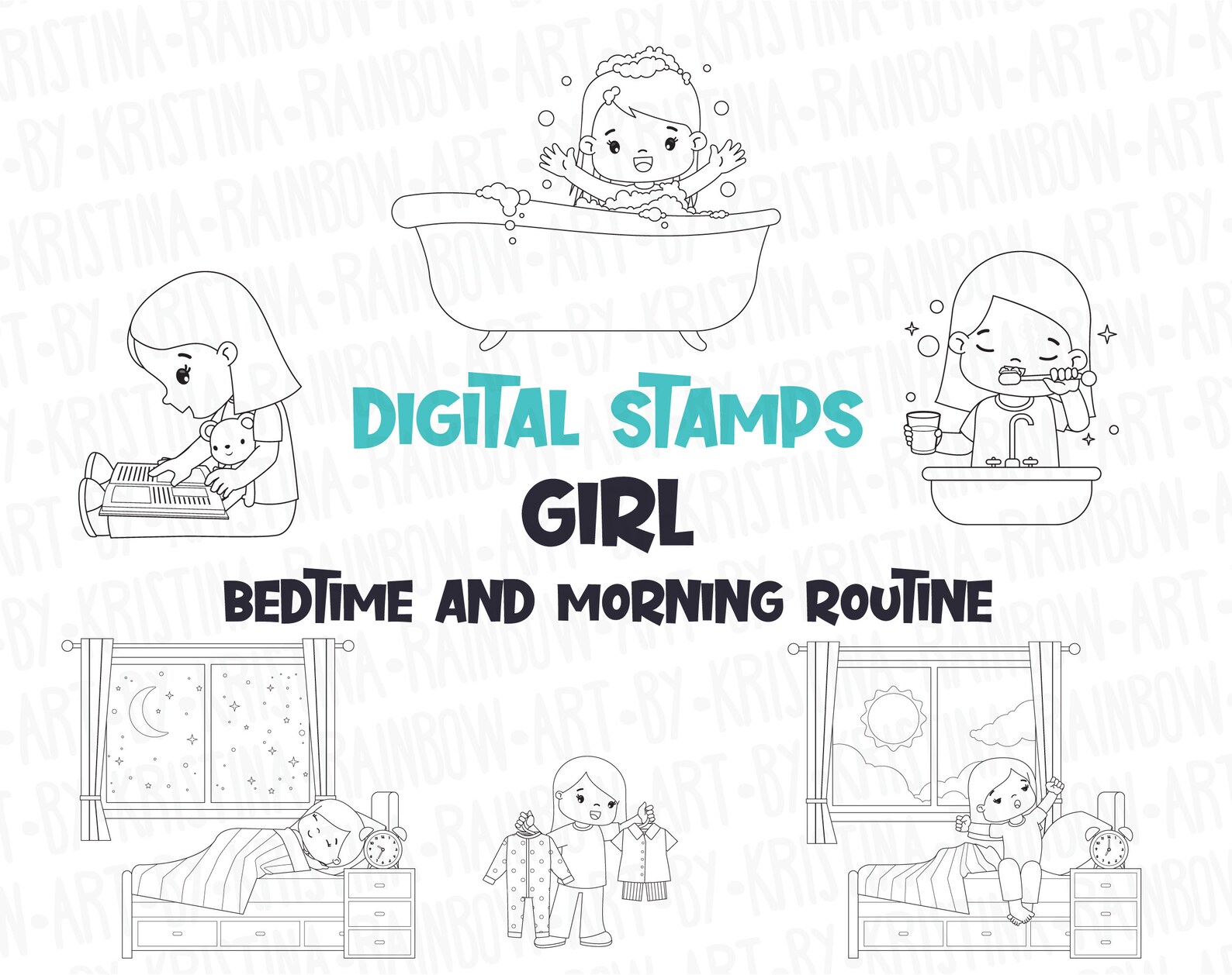 Morning and Bedtime Girl Routine Digital Stamps Black and White Clip ...