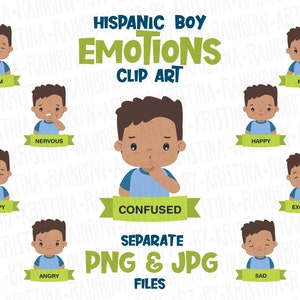 Hispanic boy emotions clip art, Kids expressions, Teachers aid, Cute dark skin boy feelings, Transparent kawaii style illustration