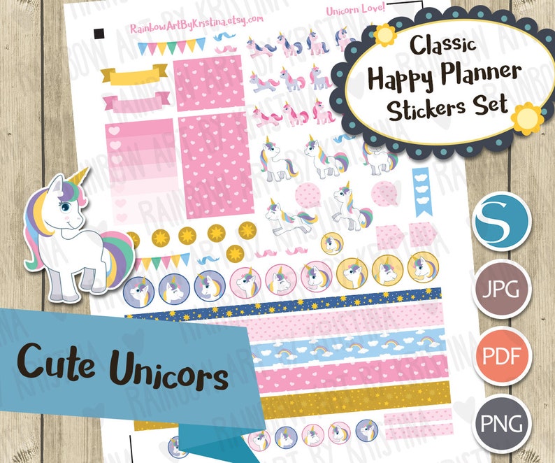 happy planner classic cute unicorns stickerprintable planner etsy