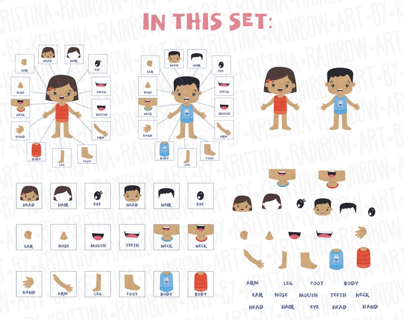 Dark Skin Boy and Girl Body Parts Clip Art Visual Scheme | Etsy