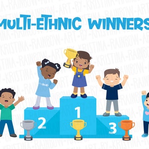 Niños con medallas, Puesto de victoria, Pedestal deportivo, Niños medallistas de pie en el podio de ganadores de la competencia, Clip art, Ilustración, Kawaii