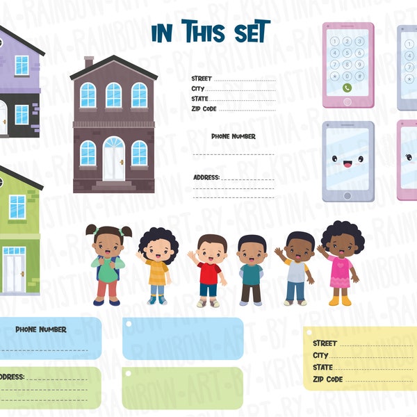 Multi-ethnic children Learning Address and Phone Number Worksheet,House,Contact info,Phone with Keypad,Transparent Kawaii,Teacher aid