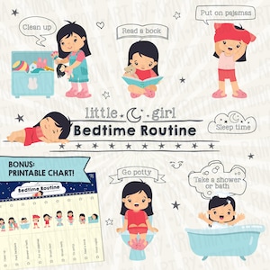 Wunderliche Schlafenszeit Routine Clipart für kleine Mädchen, inklusive druckbare Flip chart, transparente PNG Kawaii Kinder Clip Art Sofortiger Download