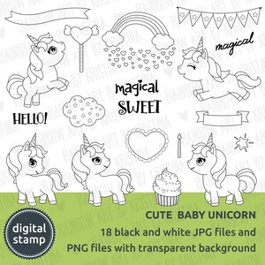 Sello digital - Lindo cumpleaños Bebé Unicornio Clip Art, Ilustración de celebración transparente, Decoración de niños y habitaciones para bebés, Baby Shower