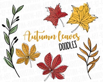 Watercolor Hand Drawn Line Art Colorful Autumn Leaves and Branches,Divider,Digital Stamp Design Elements,Journal Doodles Clip Art,Decorative