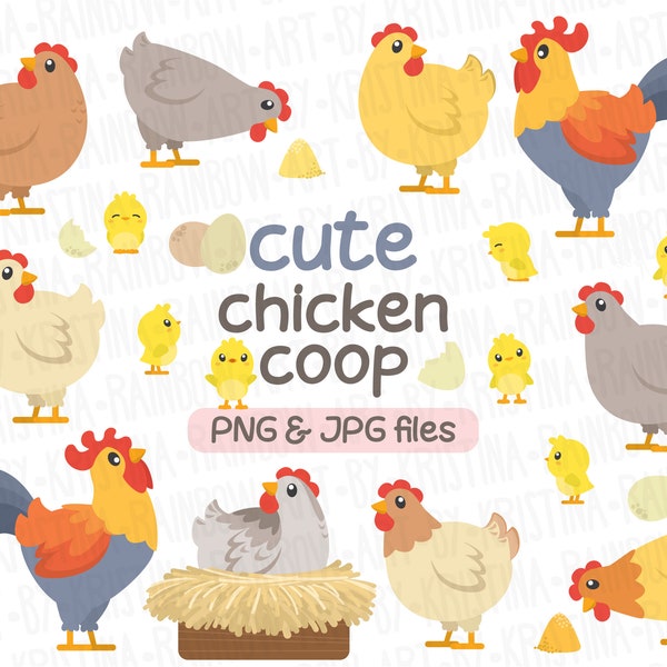 Cute Chickens,Coop Clipart,Farm Animals,Rooster,Chick,Hen,Digital Download,Printable Clip Art,Nursery Art,Wall Art,Kawaii Style Illustration