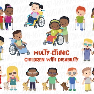Niños multiétnicos con discapacidad, niño ciego siendo guiado, Clip Art, niños que cuidan, niños en silla de ruedas, muletas, Kawaii transparente