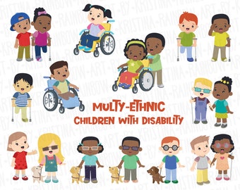 Multi Ethnic Children with Disability, Blind Child Being Led, Clip Art, Caring Kids, Children in wheelchair, Crutches, Transparent Kawaii