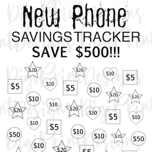 May include: Black and white printable savings tracker for a new phone. The tracker includes a variety of shapes and amounts to track savings, including £5, £10, £20, and £50. The text "New Phone Savings Tracker Save £500!!!" is at the top of the page.