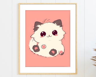 Cute Kawaii Cat Illustration Printable Wall Art, White Ragdoll Cat Digital Art, Japanese Kitten Drawing, Digital Print, Instant Download