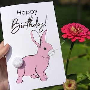 Hoppy Geburtstagskarte, 3D verschönerte Hasen-Geschenkkarte, Geschenk für Haustier-Kaninchen-Besitzer, rosa Häschen-Kaninchen, Pompom-Karte, einzigartiger Geburtstag, ohne Umschlag