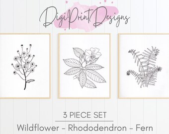 Set of 3 Botanical Prints // Digital Download / Wildflower Printable / Rhododendron Line Art / Fern Sketch Wall Art / Gallery Art / Modern