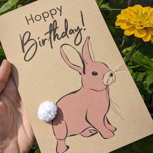 Hoppy Geburtstagskarte, 3D verschönerte Hasen-Geschenkkarte, Geschenk für Haustier-Kaninchen-Besitzer, rosa Häschen-Kaninchen, Pompom-Karte, einzigartiger Geburtstag, ohne Umschlag