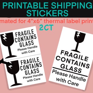Druckbare Versandaufkleber für Thermoetikettendrucker, enthält GLAS Sticker, Fragile Sticker, Instant Download, 4x6, Handle With Care