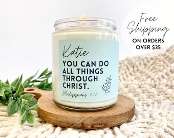 Philippians 4:13 Custom Name Bible Verse Candle | I Can Do All Things Through Christ Christian Candle | 8 oz Soy Strength Candle Gift Women