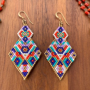 Matte blue, white, red, lavender & gold diamond delica beaded earrings