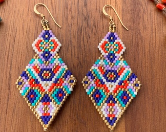 Matte blue, white, red, lavender & gold diamond delica beaded earrings