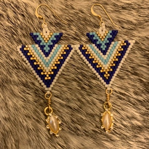 Blue, white & gold delica beaded earrings with faux pearl accents