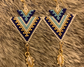 Blue, white & gold delica beaded earrings with faux pearl accents