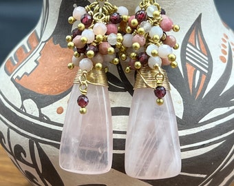 Rose quartz gold filled cluster earrings with garnet, rose quartz, pink opal & rhodonite