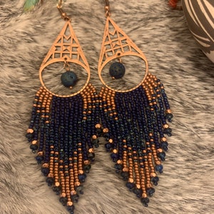 Blue & copper beaded fringe hoop earrings with druzy accent and blue imperial jasper