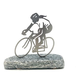 Metal Cyclist ,Road Racer, Bicycle Art, Metal Sculpture, Cyclist, Cyclist gift, Stainless steel, Rock art, Vermont made art. 9 x 2.5 x 8.5