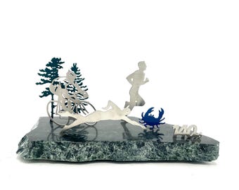 Nothing says TRIATHLETE like stone and steel. Ironman gift, triathlete gift. Triathlete, swim bike run sculpture. Trophy, table top decor.