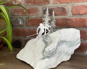 Skiing sculpture made of stainless steel & white marble. Unique home/office decor for the slope enthusiast. Mantel piece or tabletop decor