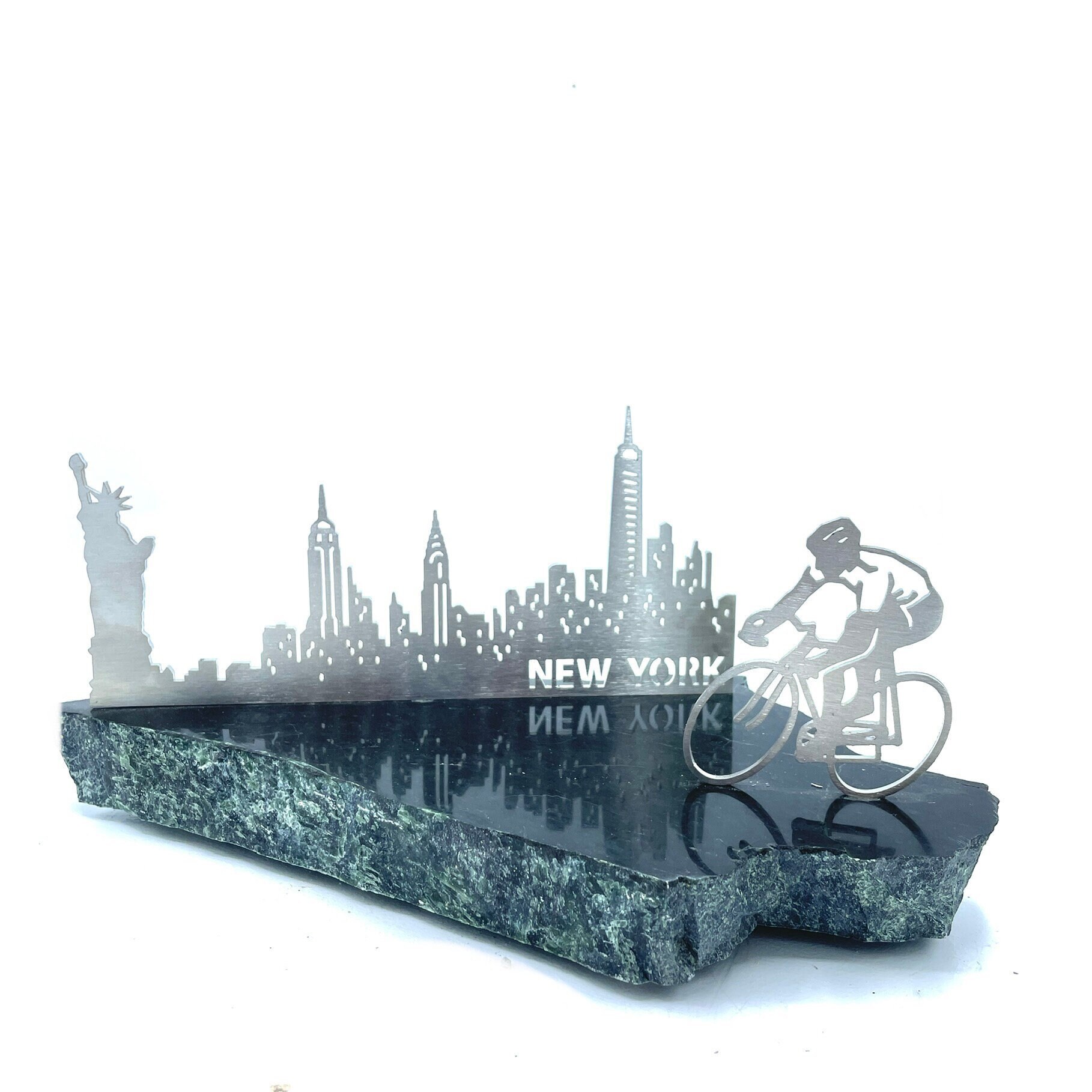 New York skyline, cyclist Christmas gift.  Stainless steel and rock sculpture, Vermont Rocks! New York City art, 5 borough bike tour NYC