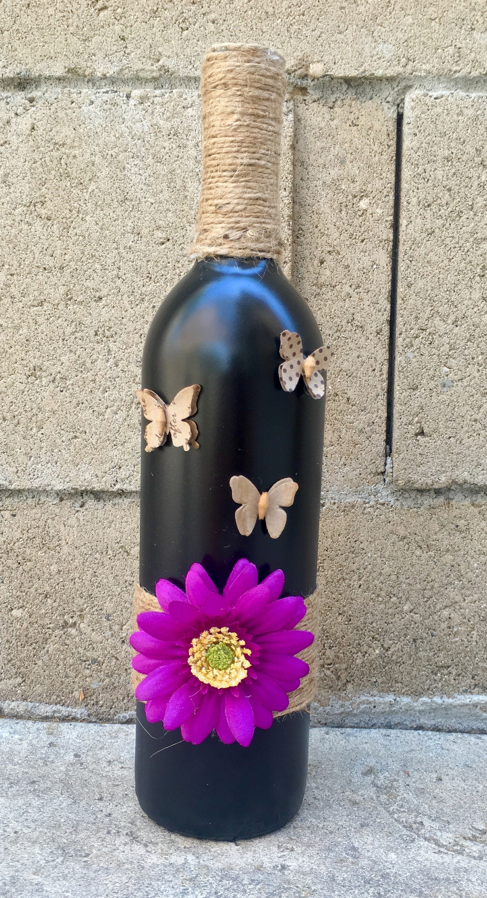 Wine Bottle With Butterflies and Flowers, Wine Bottle Crafts, up Cycled