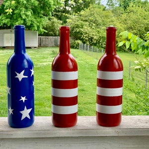 American flag Wine Bottles Up Cycled, Patriotic Wine Bottles