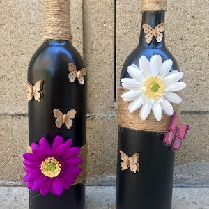 Wine bottle with Butterflies and Flowers, Wine Bottle Crafts, Up Cycled Wine Bottles, Homemade Wine Bottle