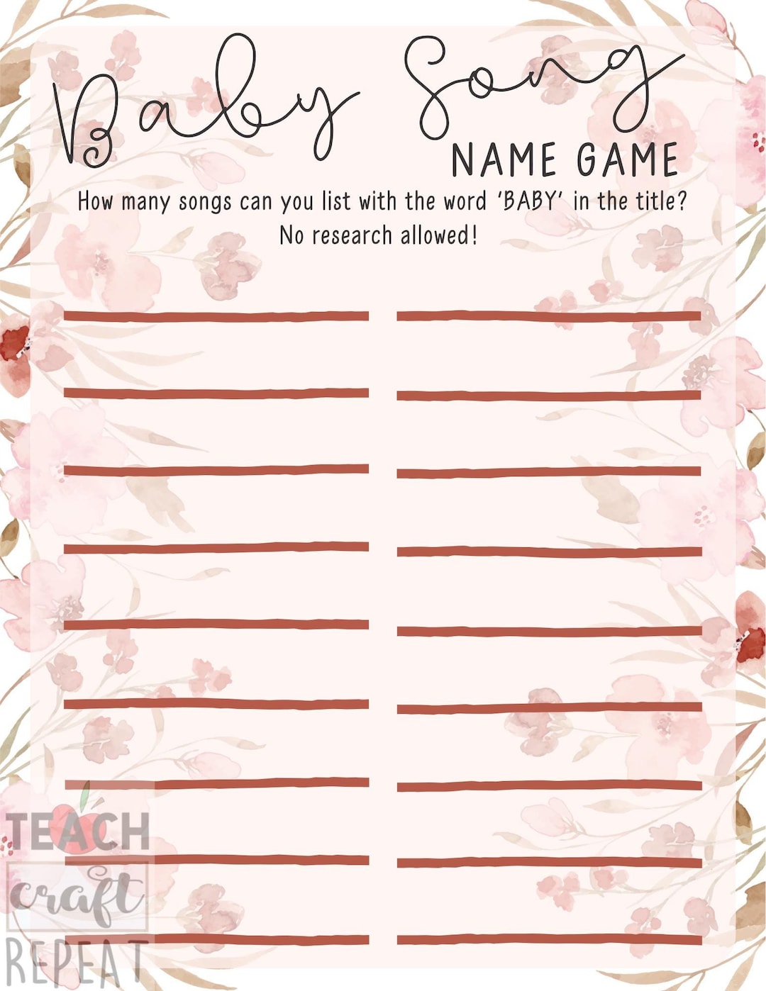 Baby Song Name Game - Printable Baby Shower Game - Party Game - Digital ...
