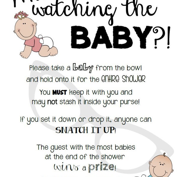 Who's Watching the Baby | Boy & Girl | Baby Shower Game | Shower Activity | DIGITAL PRODUCT |  Printable |  Baby |  Game |