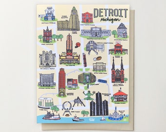 Detroit Notecards 4.25 x 5.5 - A2, Detroit Map, Downtown Detroit Buildings, Greeting Cards, Motown Cards, Detroit Map Cards, Urban Cards