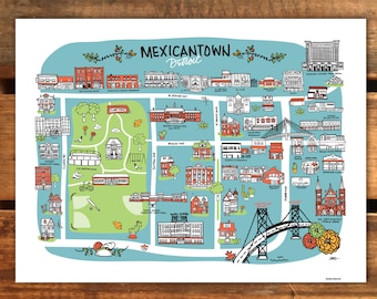 Detroit Illustration 8 x 10, Mexicantown Streets - Art Print, Wall Art, Detroit Map, Detroit Landmarks, Visit Detroit, SW Detroit, Michigan