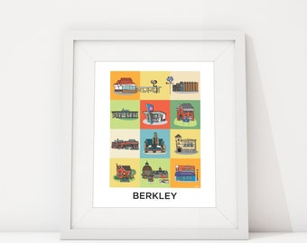 Berkley Colorful Illustration, City Art Prints, Michigan Wall Art 8x10, Historic Berkley Landmarks, Visit Michigan, Michigan Art