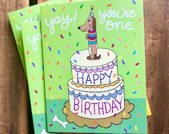 First Birthday Card 4.25 x 5.5, Dog candle, kid’s birthday, Greeting Cards, dog with party hat