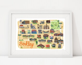 Berkley Michigan Map Art Print: Illustrated City Landmarks (11 x 17)
