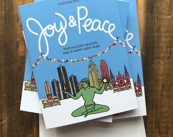 Detroit Joy & Peace Holiday and New Year Card, 4.25 x 5.5 - A2, Spirit of Detroit in Downtown. Illustrated Detroit Holiday Cards