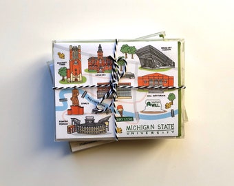 8 Pack, Michigan State University Notecards. 4.25 x 5.5 -Cards, MSU E. Lansing Buildings, Greeting Cards, Pack of Notecards, Grad Gifts