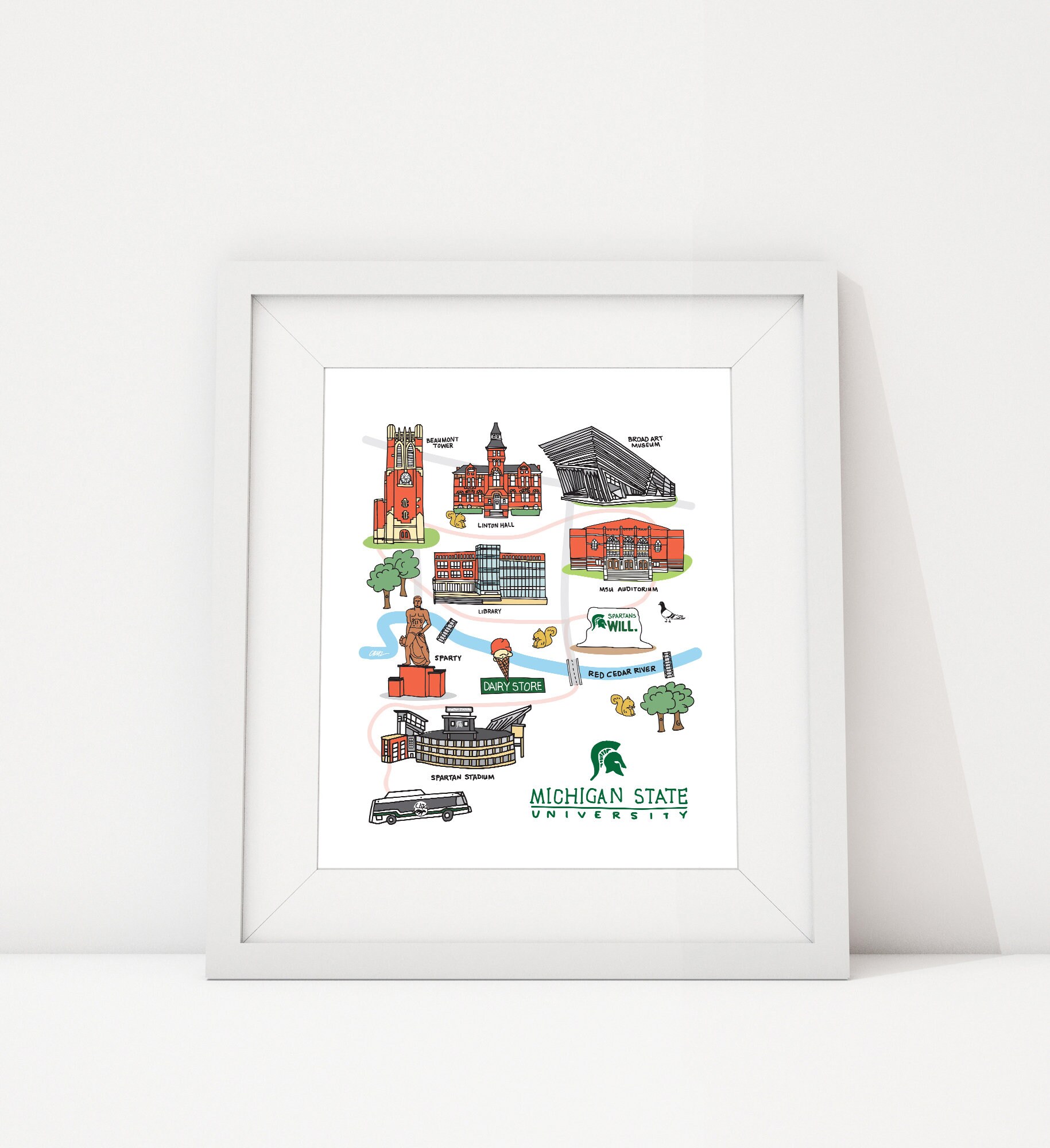 Michigan State University Print Msu Map 8x10 Msu Landmarks Etsy