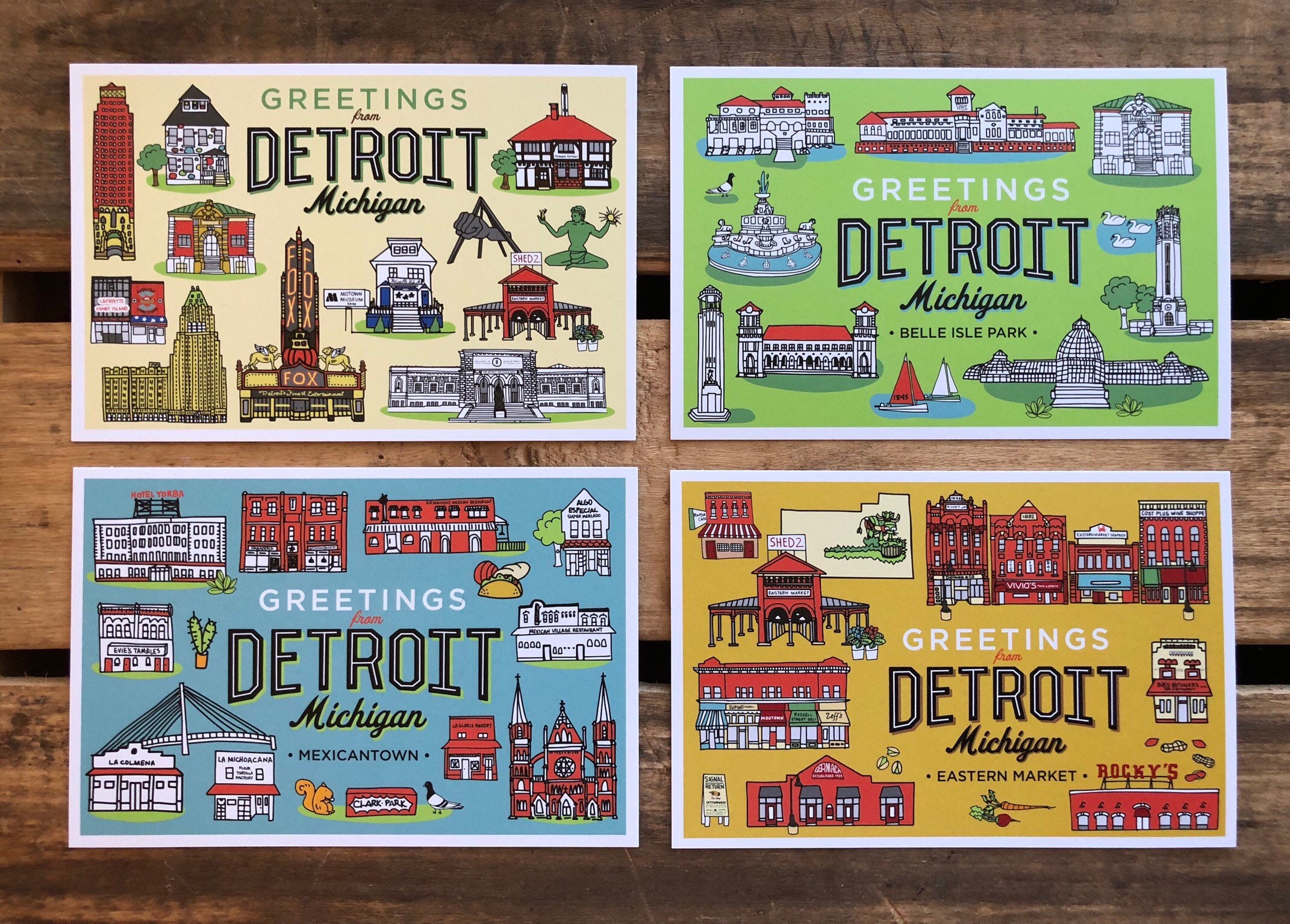 Detroit Illustrations, 4 Postcards Set 4x6, Detroit Greetings, Belle Isle, MexicanTown, Downtown Detroit, Eastern Market 4-Pack, art