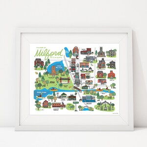 May include: A colorful illustrated map of the Village of Milford, Michigan. The map shows the location of various buildings, parks, and landmarks in the town. The map is drawn in a cartoon style with bright colors and whimsical details.