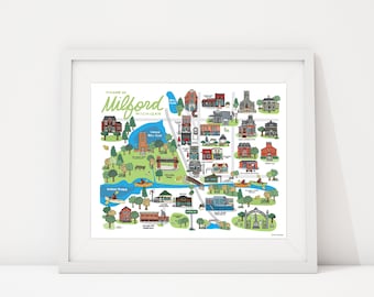 Milford City Map, Milford Art Prints, Michigan Wall Art 8x10, Community Landmarks, Visit Michigan, Milford Art, Michigan Art