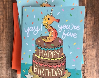 Fifth Birthday Card 4.25 x 5.5, sea horse candle, kid’s birthday, Greeting Cards, sea horse with party hat
